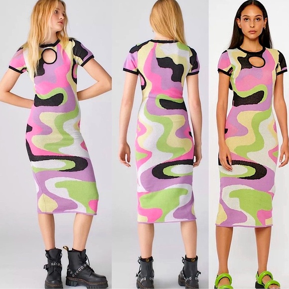 URBAN OUTFITTERS - ANOTHER GIRL COTTON PSYCHEDELIC KNIT CUT OUT MIDI DRESS - Picture 2 of 9
